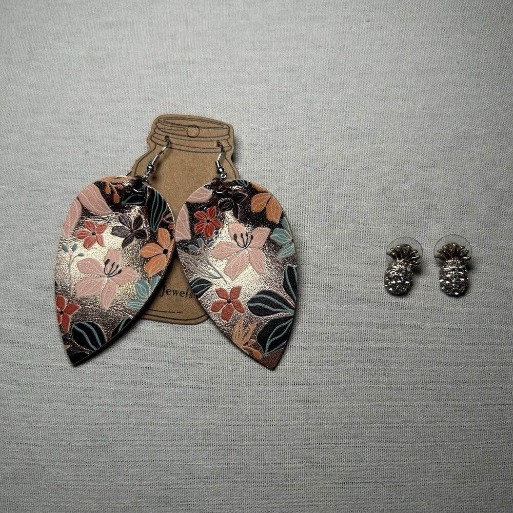 2 sets earrings: rose gold floral leather leaf, gold-tone pineapple studs